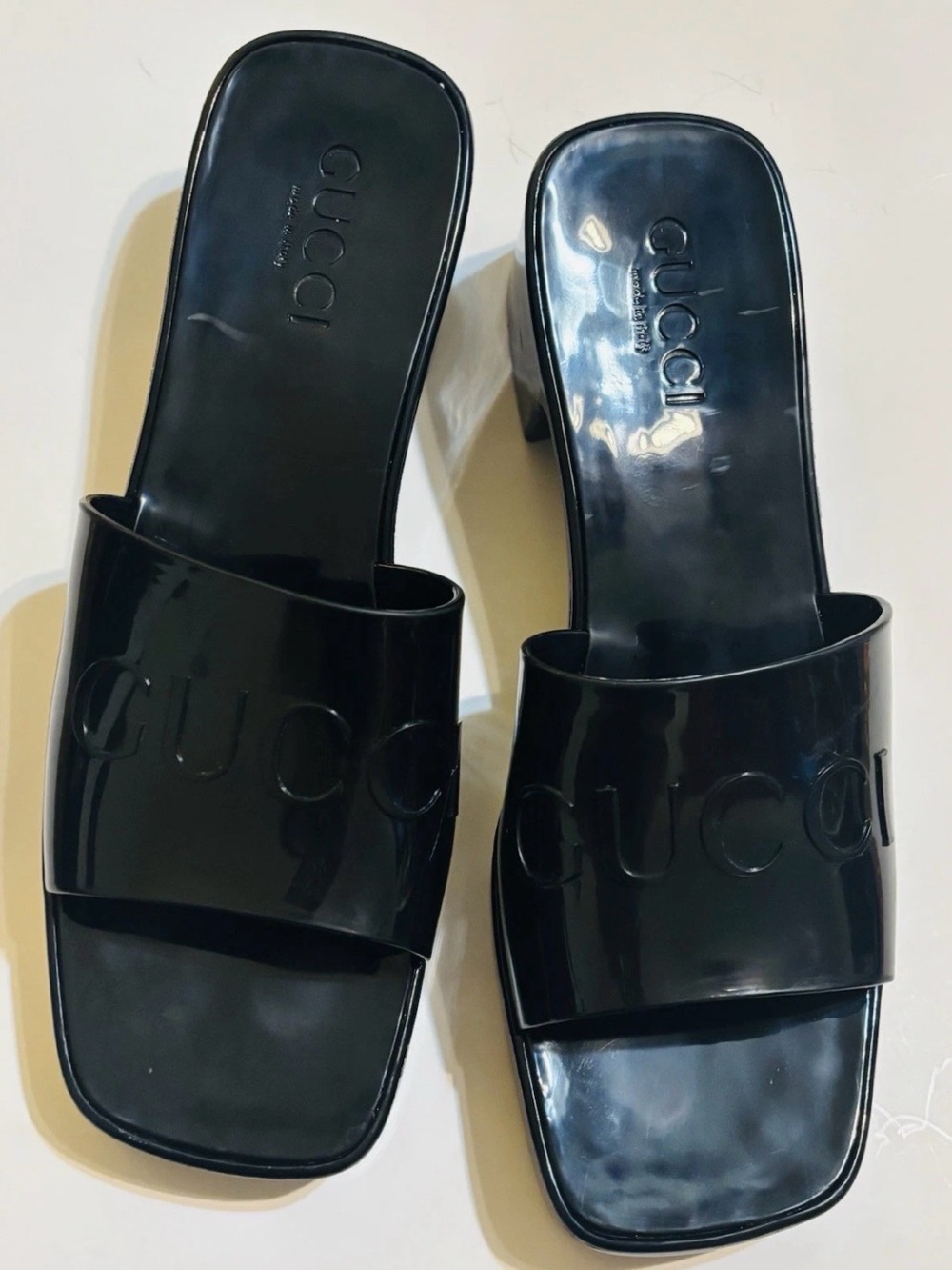Gucci Black Patent Logo Slide Mules